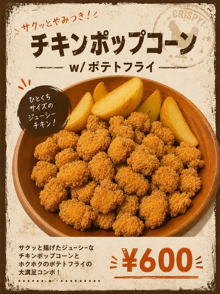 チキンポップコーン ポテトフライ付き 600円のメニュー画像